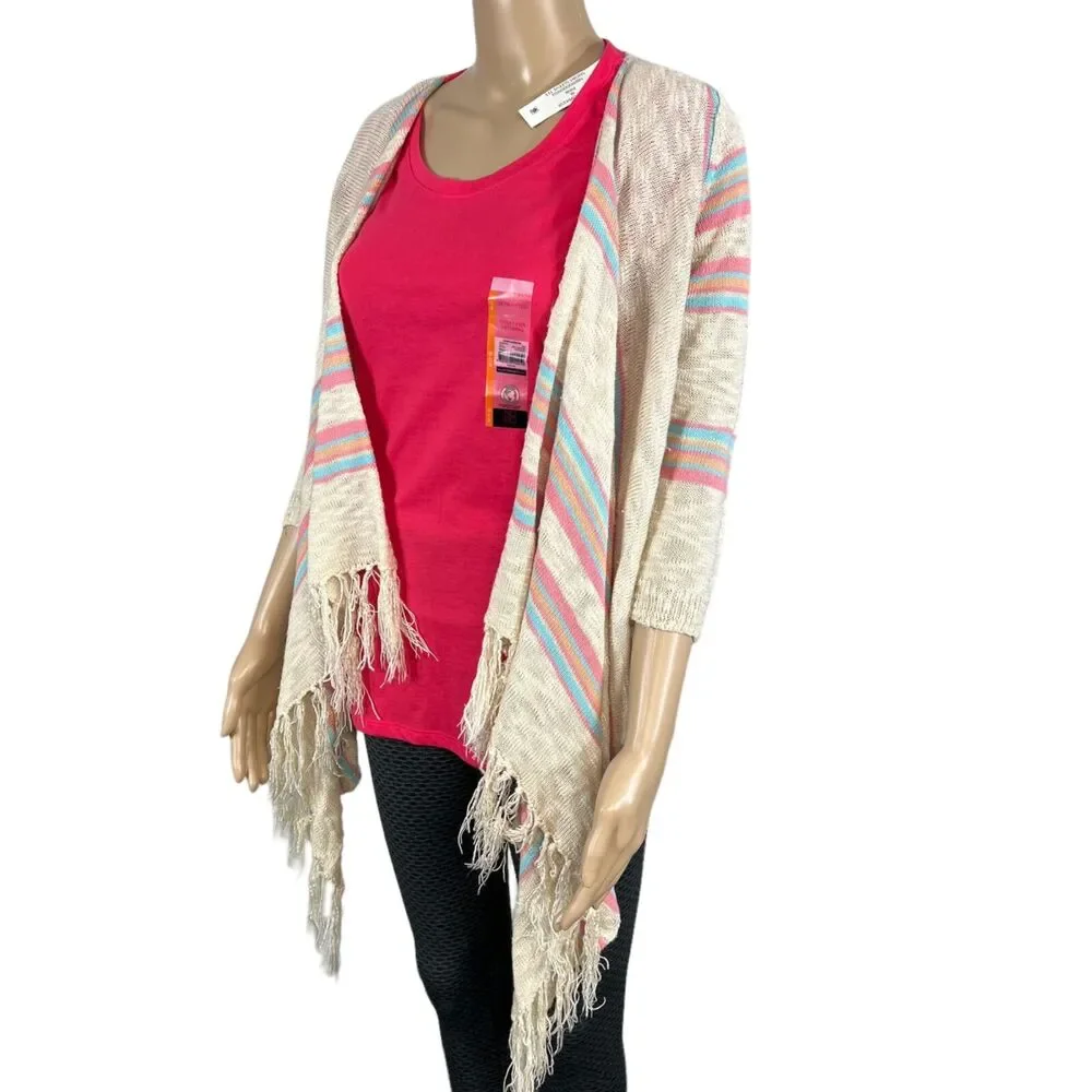 Maurices Womens Cardigan Sweater Crochet Back Striped Fringed Open Front Medium